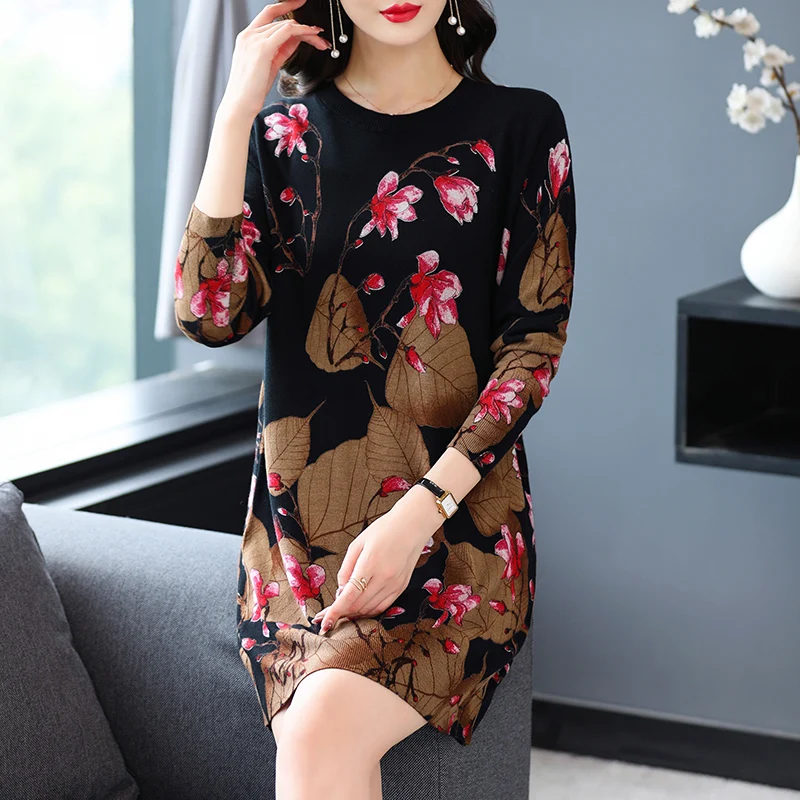 

Print Long Sweaters Dress 2025 Autumn Casual Long Sleeve Top Pullovers Knitwear Jumper Pull Elasticity Long Sweater For Women