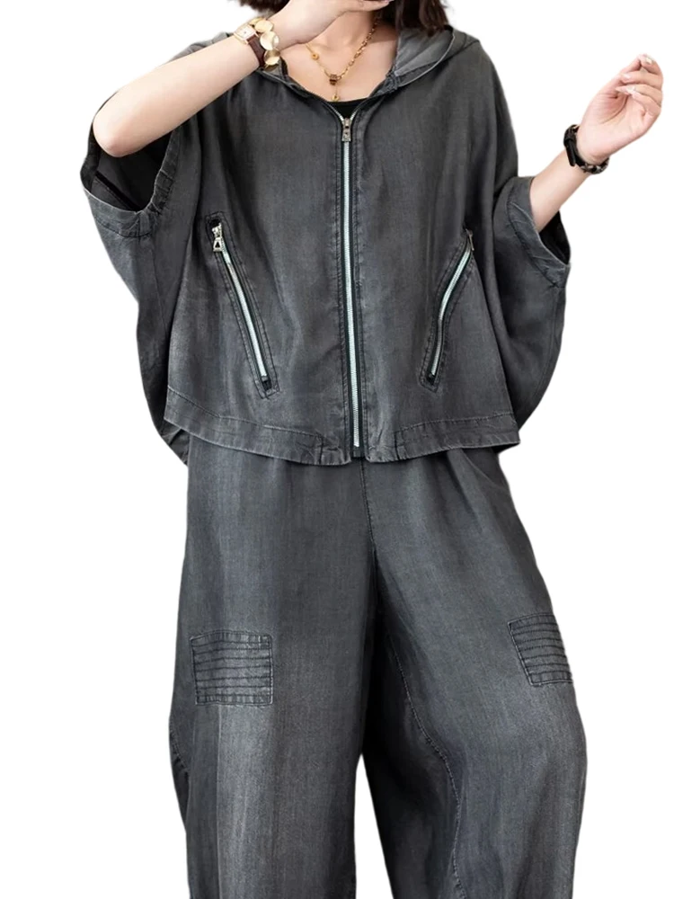 

Amax luluE Летние женские наряды Модные куртки Костюмы Большой размер Джинсовые комплекты из 2 предметов Свободное пальто с капюшоном Повседневные брюки Винтажные джинсы