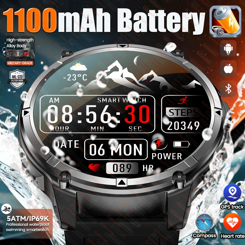 Nowy Zegarek Smartwatch Męski Outdoor z Dużą Baterią 1100mAh, Wojskowy GPS, Kompas, Pomiar Tętna, Wodoodporność 5ATM, Połączenia Bluetooth, Smartwatch dla Dorosłych