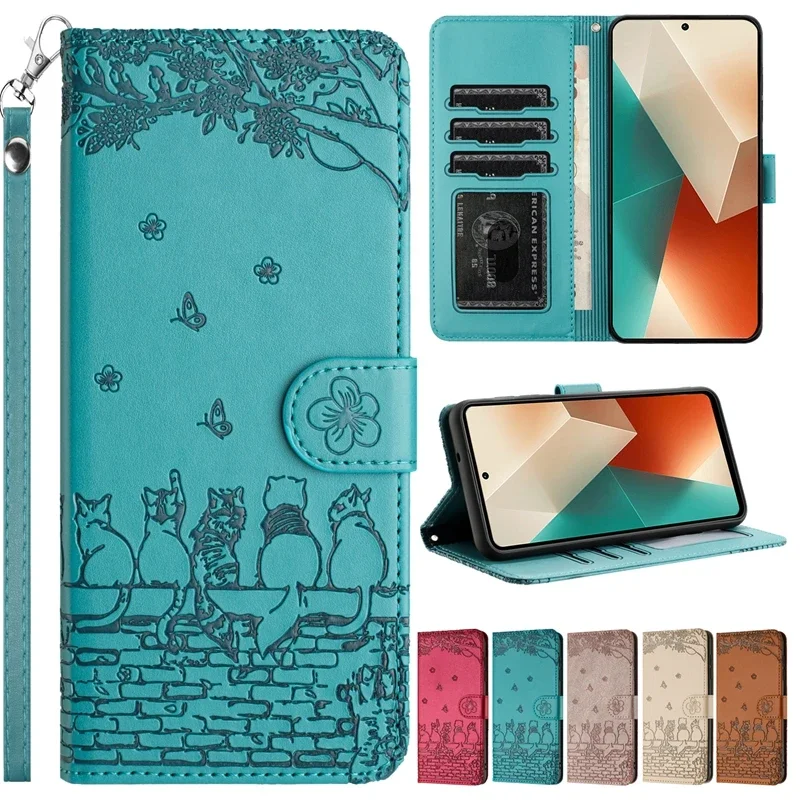 Wallet Cat Embossed Flip Over Leather Case For Xiaomi Redmi Note 13 5G/13 Pro 5G/13 Pro Plus 5G Magnetic Anti Drop Leather Cover