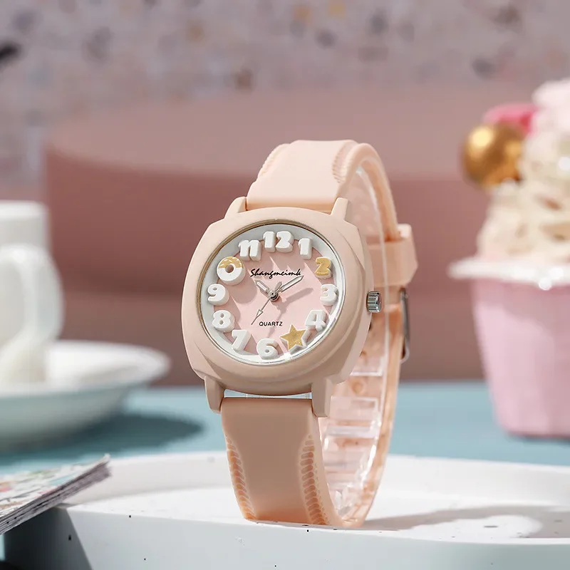 Fashion 3D Arabic Dial Women Watch Candy Color Silicone Band Square Watches