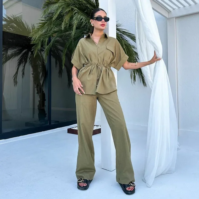 

Matching Sets Women Single Breasted Two Piece Set Blouses Pants Sets Draw String Wide Leg Cargo Pants Loose Casual Button Work