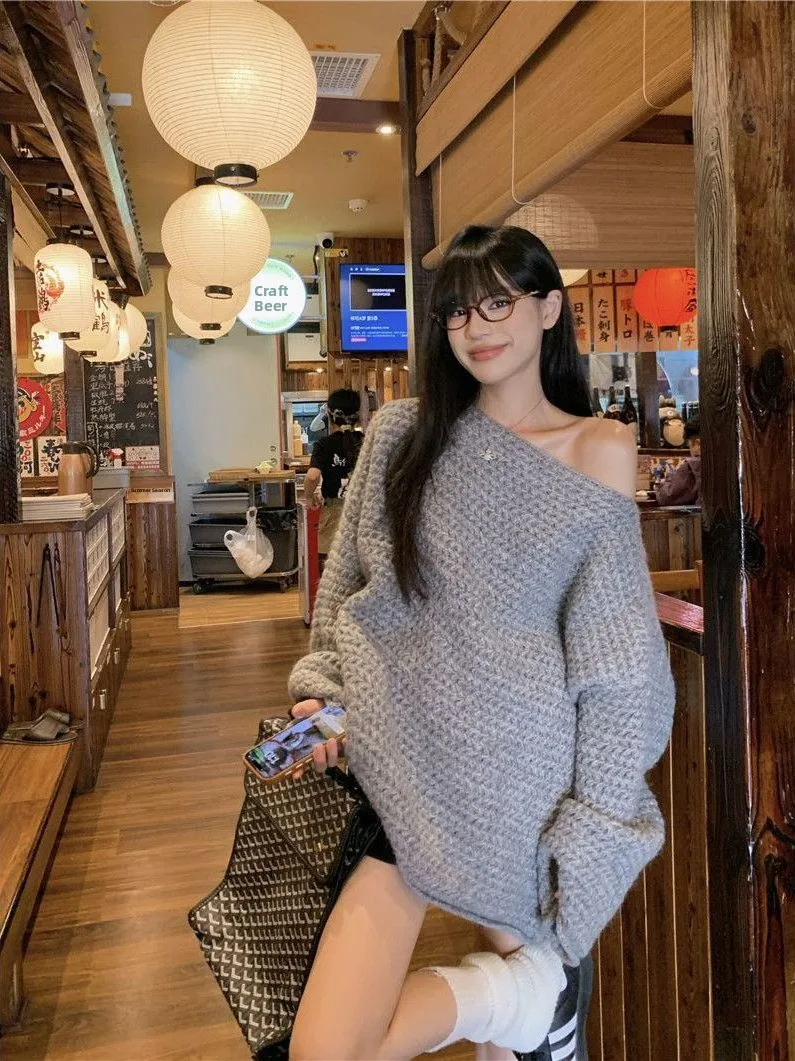 Extra großer Vintage Slant Oulder Long Sve Pullover Jaet Damen Herbst Plus Größe 2300Pou Schlankheitsstrick irt