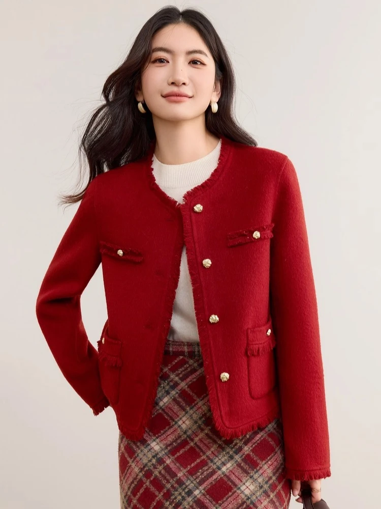 

SENTUBILA Women's 100% Wool Double Faced Tweed Coat 2025 Winter Fringe Trim Round Neck Solid Long Sleeve Warmth Top W54OF2676