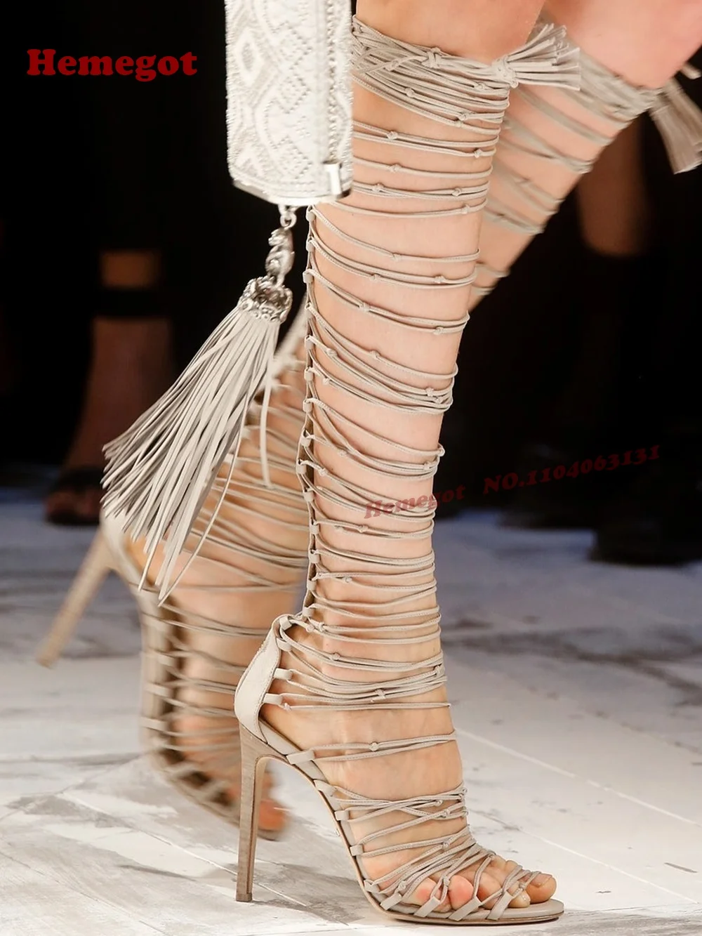 Open Toe Hollow Out Back Zip Women's Sandals Cut-Out Fringe Stiletto Sandals Gladiator Thin Heels Tassel Patchwork Lace-Up Shoes