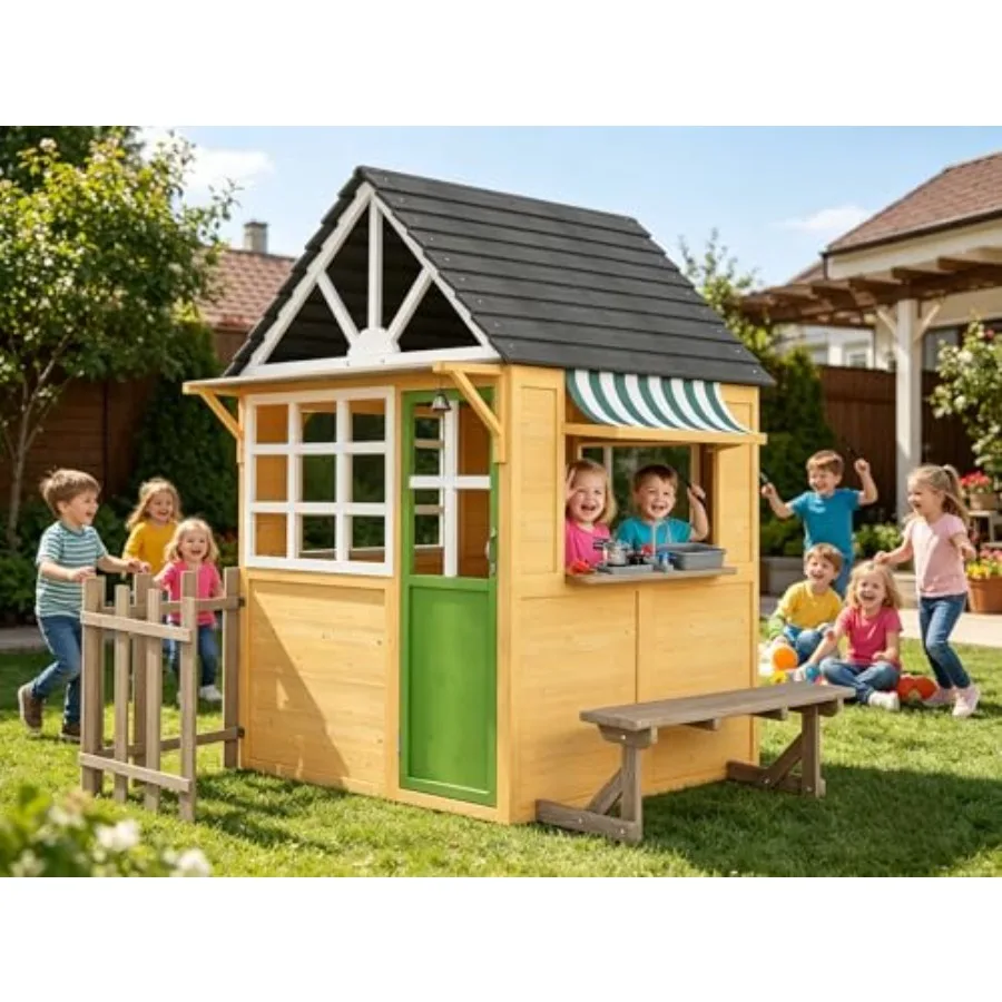 

Outdoor play house for kids: wooden, wood color, with kitchen toys, blackboard, chalks, eraser, magnetic door, bench, foldable