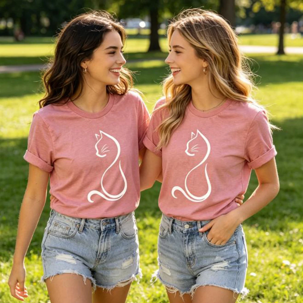 Cute Cat Print T Shirt For Women Casual Cat Lover Tee Gift For Cat Mom Fashion Cat Owner Shirt Soft Daily Wear Tops