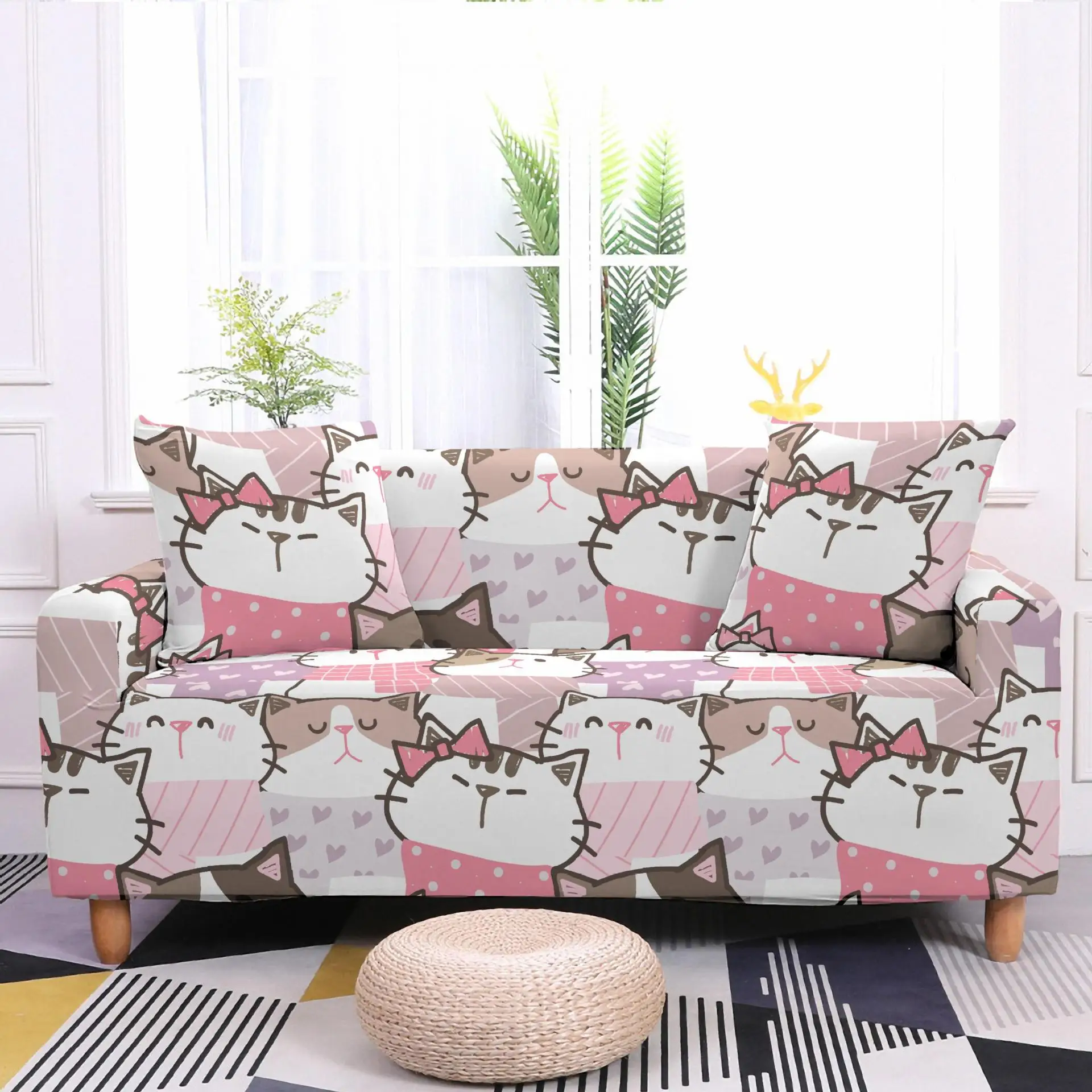 Japanese Cartoon Cat Sofa Cover Elastic Dustproof and Wrinkle Resistant Universal for Multiple People Sofa