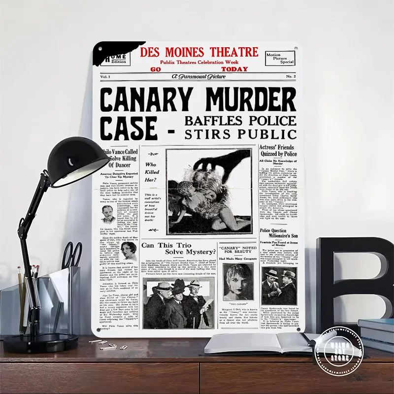 Canary Murder Case Newspaper Printing Poster Customized Retro Wall Art Vintage Metal Signs for Mancave Bar Accessories House
