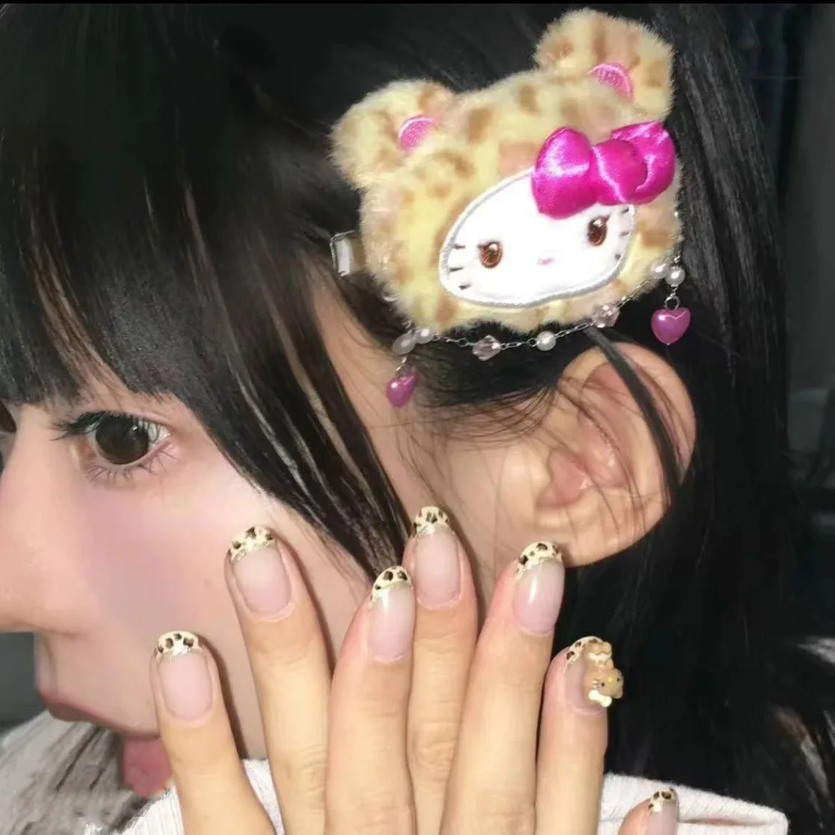 Kawaii olá kitty leopardo impressão hairpin bonito cinnamoroll pelúcia hairpin broche chaveiro mochila charme decoração presente de natal