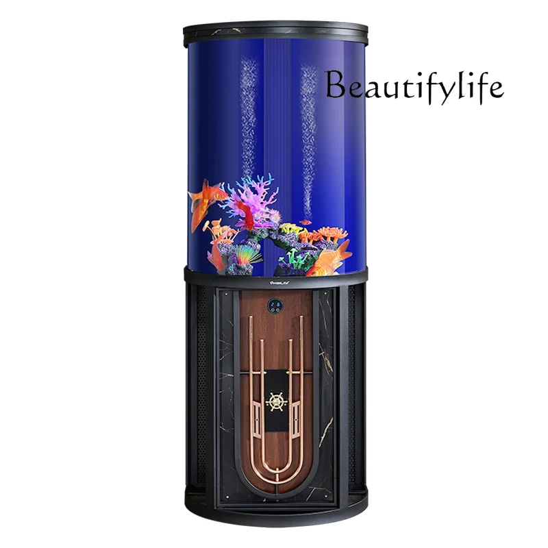 

New semi-circular living room fish tank bottom filter water-free floor tank light luxury Lai people water-free