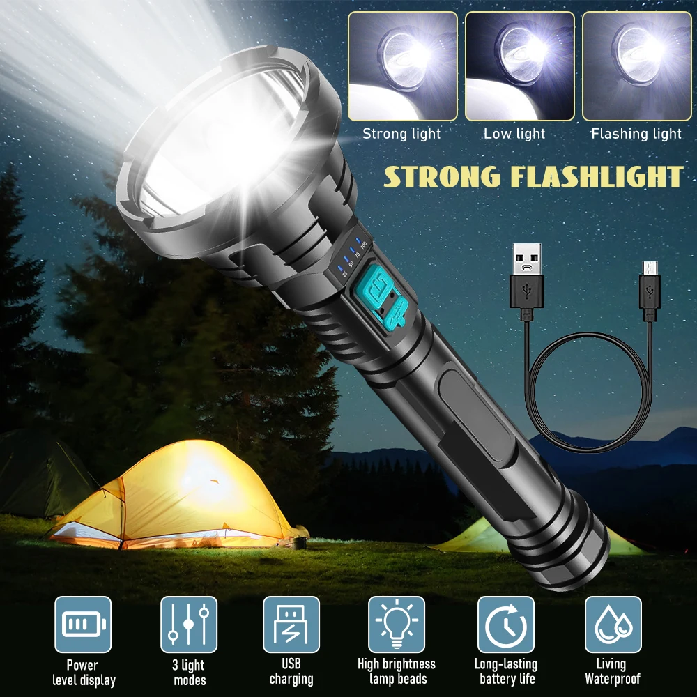 Powerful LED Flashlight P500 Tactical Flash light Long Range 500m Torch Waterproof Camping Hand Light USB Rechargeable