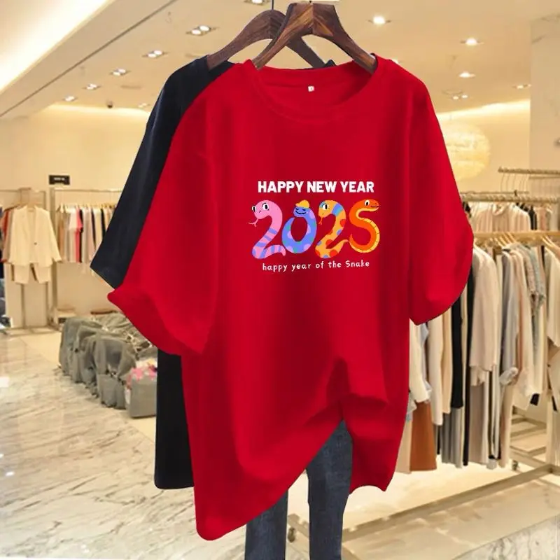 

Women's Clothing Casual Loose Pure Cotton Basic T-shirt Summer Fashion O-neck Short Sleeve Top Tee 2025 New Lady Print Pullovers