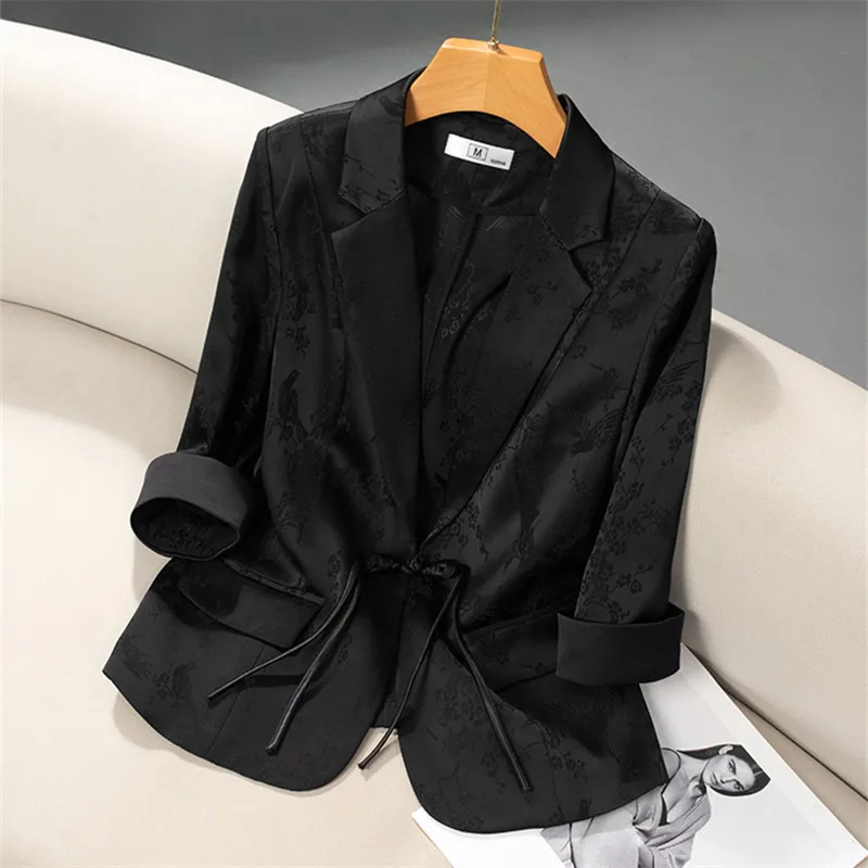 

2024 New Summer Fashion Women Black White Thin Blazer Seven Points Sleeve Short Slim Coat Female Chinese Style Suit Jacket W313