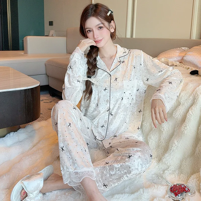 Long Sleeves Pants Home Wear Sleepwear Suit Lace Trim Comfy Women Pajamas Velvet Polka Dots Home Clothes Dressing Gown Nightwear