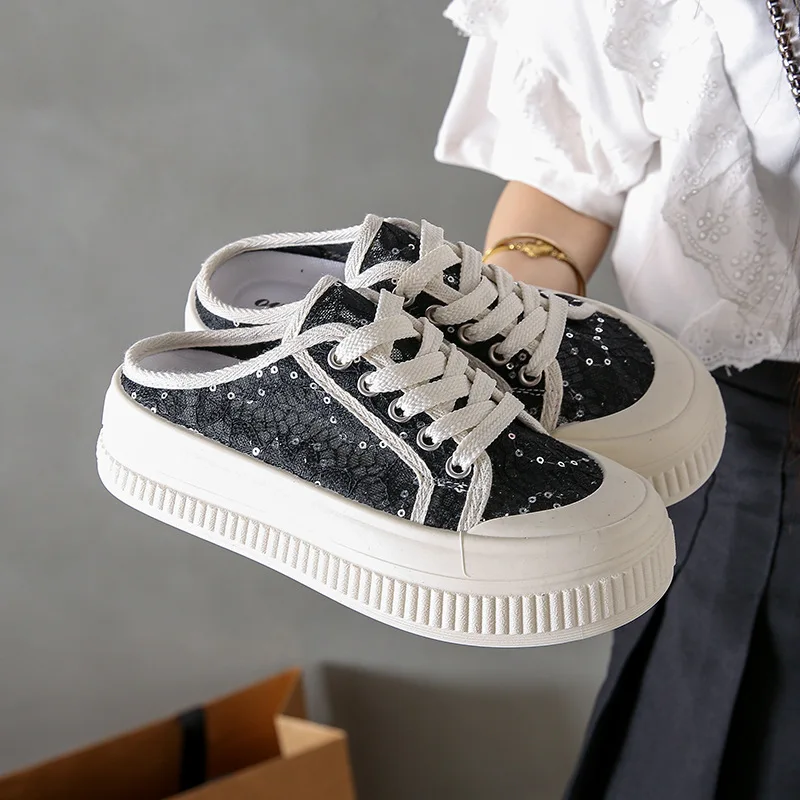 

2024 Small White Shoes Female Summer New Korean Ins Female Students Casual Through The Net Half Drag Female Shoes