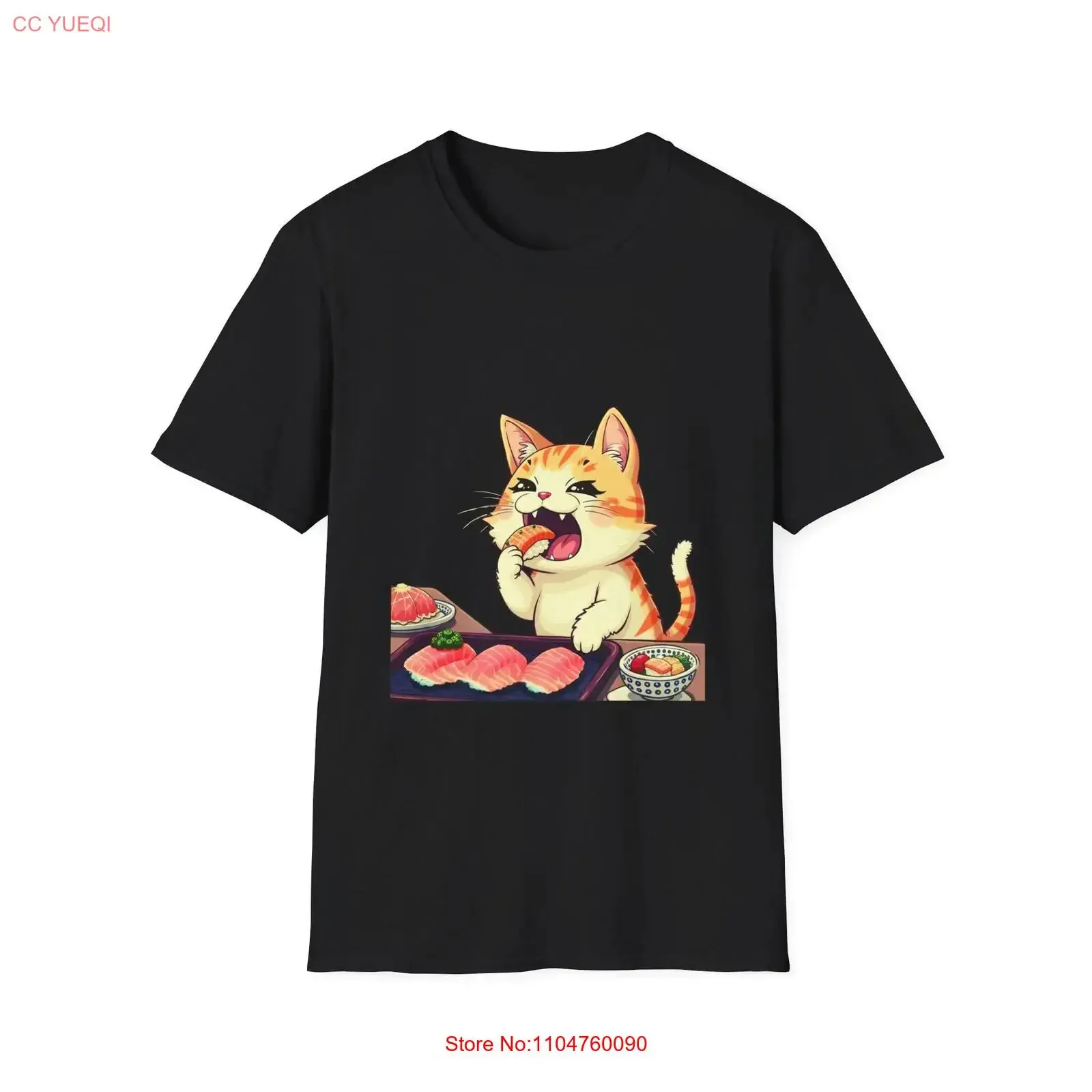 Camiseta divertida con estampado de gato comiendo sushi japonés, ropa para amantes de los animales, camiseta vintage lavada informal con gráfico de moda para uso diario