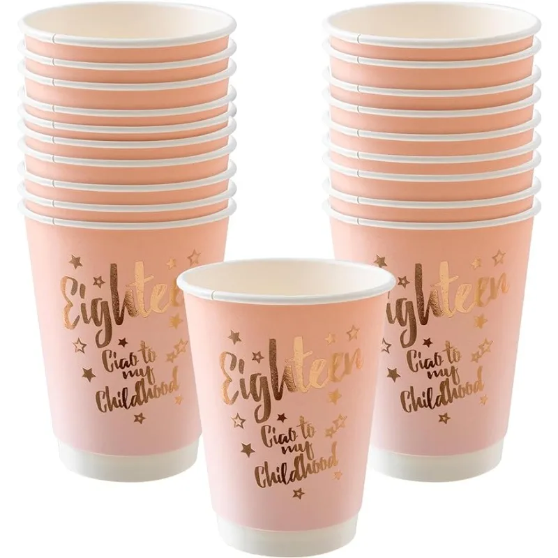 

20Pcs Happy 18th Birthday Disposable Cup Supplies Rose Gold 12 Oz Paper Cups Girl Women Anniversary 18 Birthday Party Decoration