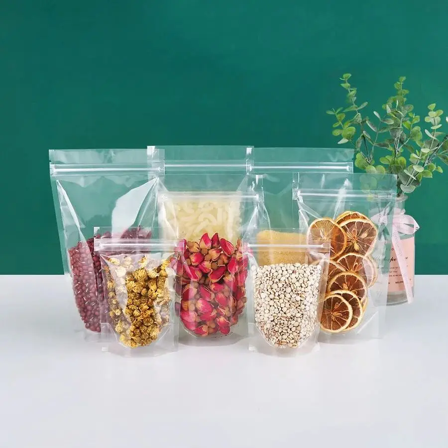 Transparent Waterproof Self-Supporting Plastic Bag, Zipper Convenient Storage, Snack, Cereal, Nut, Candy Custom Bag, 100Pcs