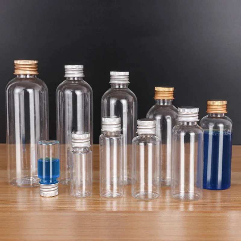 20pcs 5ml-500ml Empty Clear Plastic Sample Bottle with Aluminium Screw Cap Tiny Jars Cosmetic Container Travel Refillable Bottle