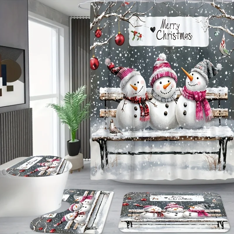 Christmas Theme 1pc/3pcs/4pcs Three Little Snowmen on the Long Bench Shower Curtain Bathroom Set