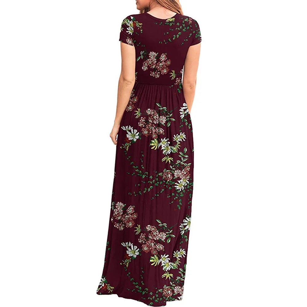 Short Sleeve Summer Pleated Empire Waist Round Neck Floral Maxi Long Pockets Dress