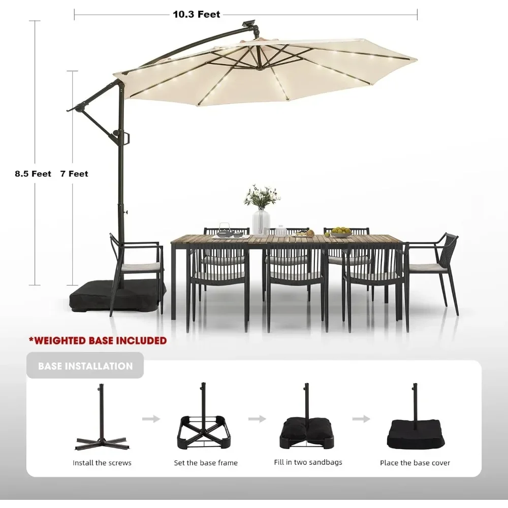 10FT Solar Patio Offset Umbrella Outdoor Cantilever Umbrella Hanging Umbrellas with Weighted Base, Market Patio Umbrella