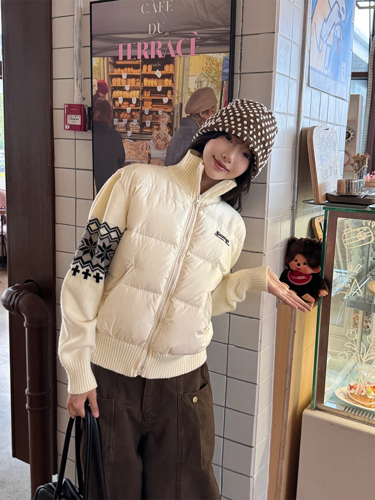 

URKR Women's Patchwork Knitted Sve down Jaet Thiened Lightweight Vintage Warm Design Casual Loose Fit Long Zipper