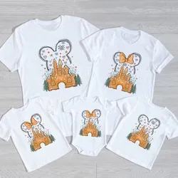 Watercolor Disneyland Castle Printed Mother-kids Family Matching Outfits White Cotton Tshirt Matching Suits for the Family