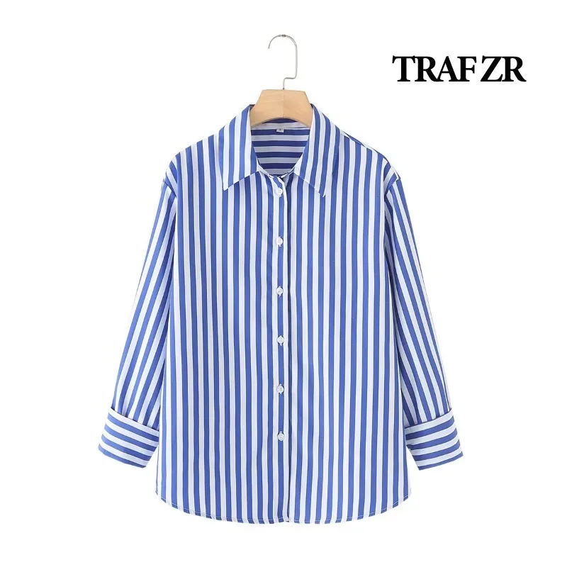 TRAF ZR Blouse 2024 Woman Striped Women\'s Elegant Stylish Blouses Basic Shirts Lady Vintage Luxury Chic Poplin Long Sleeve Top