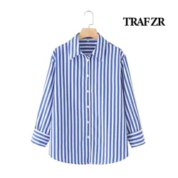 TRAF ZR Blouse 2024 Woman Striped Women's Elegant Stylish Blouses Basic Shirts Lady Vintage Luxury Chic Poplin Long Sleeve Top