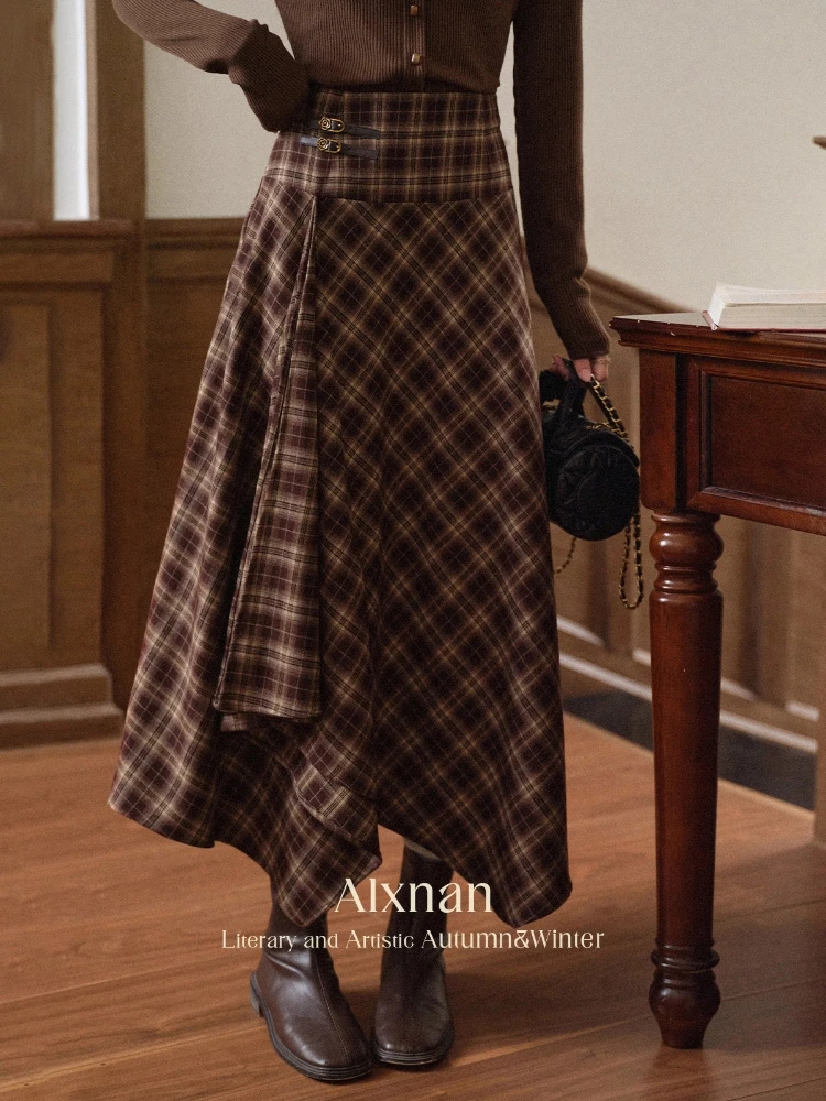 

ALXNAN Women's Skirt Autumn New High Quality Wrap Style Wide Waistband Irregular Hem Retro Long Skirt Commuting Clothing L569117