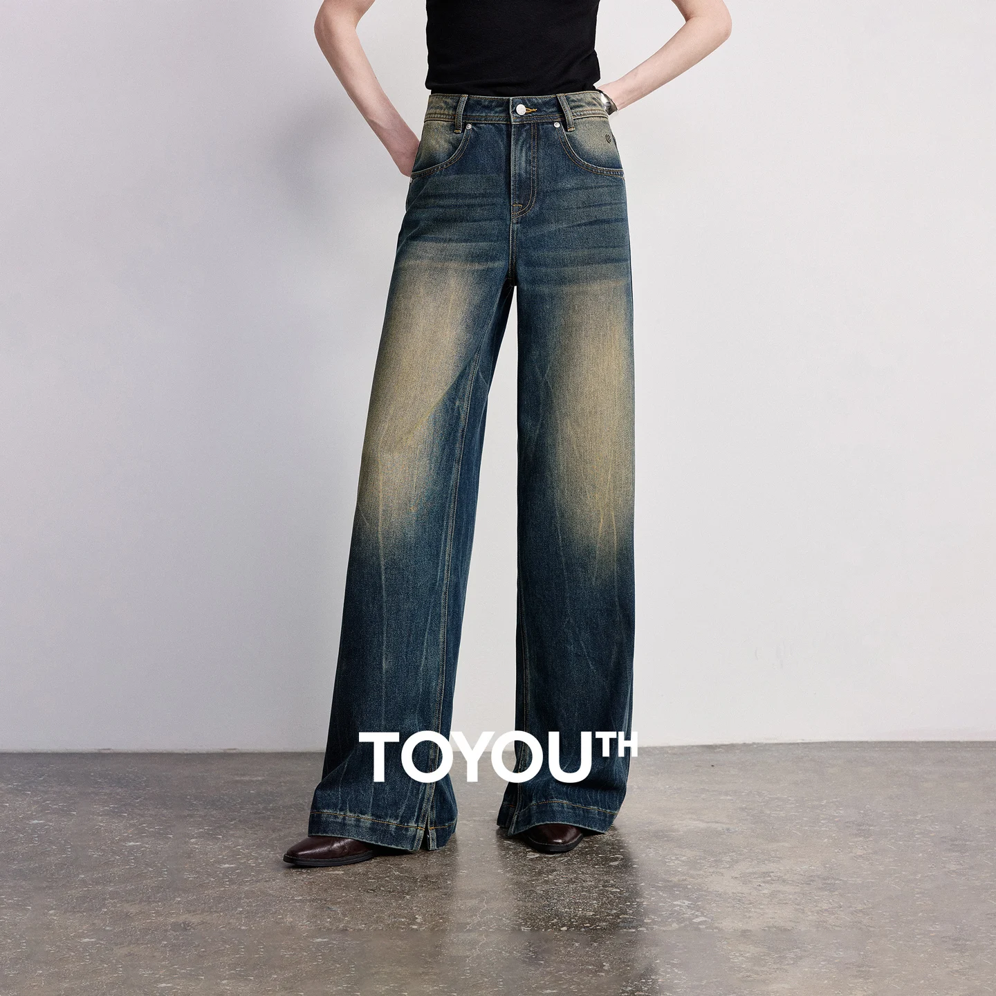 TOYOUTH Women Denim Jeans 2026 Spring New Slim Waist Acetate Wide Leg Pants
