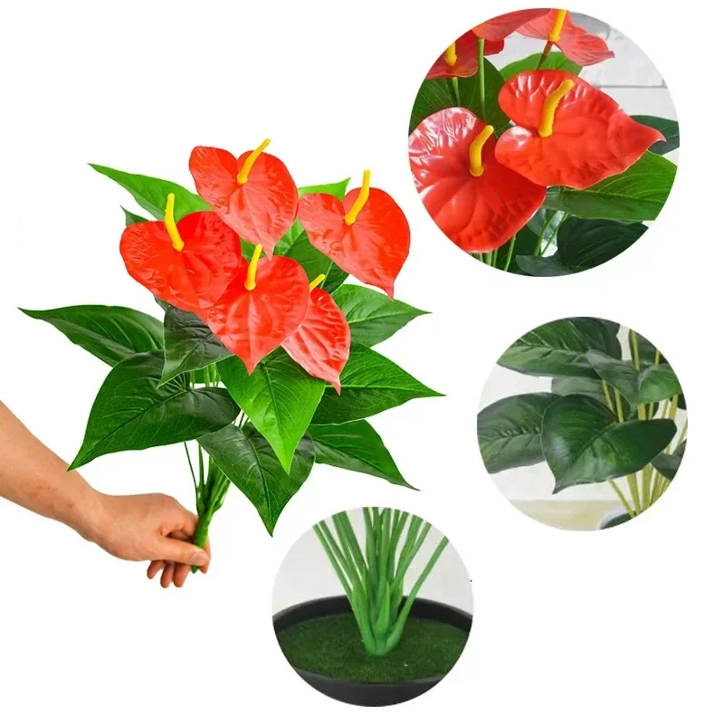 

53cm 18 Heads Artificial Palm Tree Red Palm Fake Flowers Flamingo Flower Plastic Monstera For Wedding Home Garden Outdoor Decor