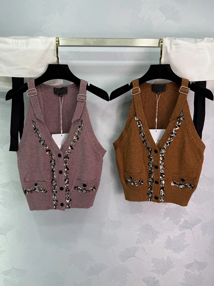 

Spenneooy Summer Fashion Brown Vintage Casual Knitting Cardigan Women's V-Neck Sleeveless Crystal Sequins Fake Pocket Sweaters