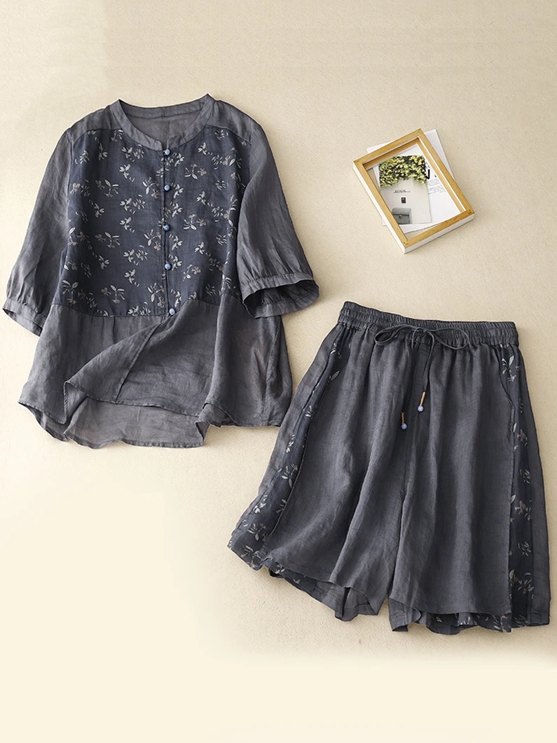 

Ретро-комплект из хлопка и льна для женщин: повседневный льняной костюм-двойка больших размеров с цветочным пэчворком, утягивающий, с широкими шортами, модный