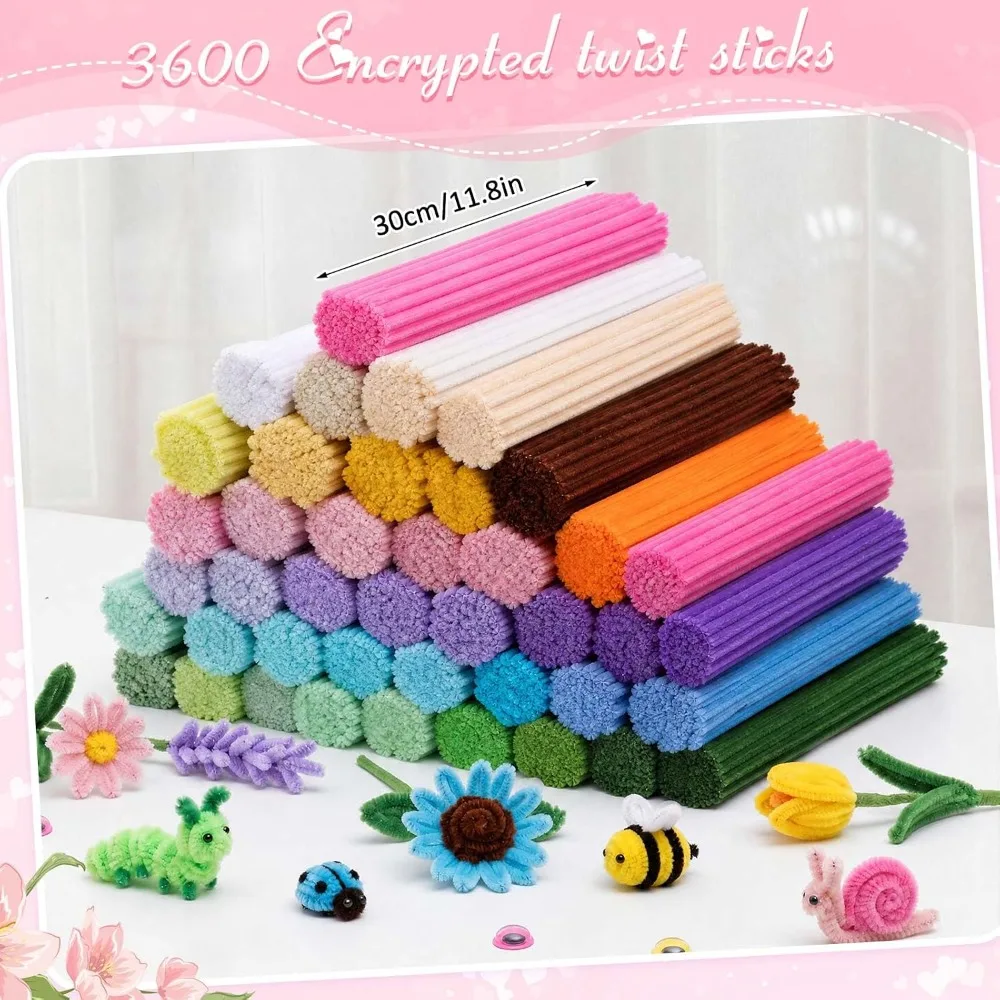3600 Pcs 12 Inch Craft Pipe Cleaners Fluffy Chenille Stems Bulk with 50 Flower Stems, 4 Tape, 350 Stamens for DIY Art Projects, Gift Wrapping, Party Decorations view 2