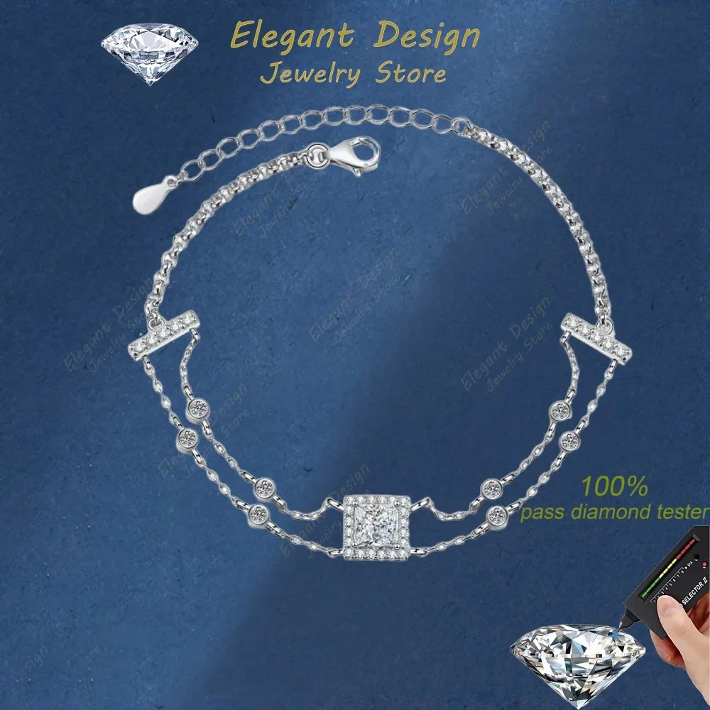 

Elegant Design Handmade Treasure Square Double Chain, PT950 Platinum Girls 1ct Moissanite Simple Bracelet for Women Jewelry