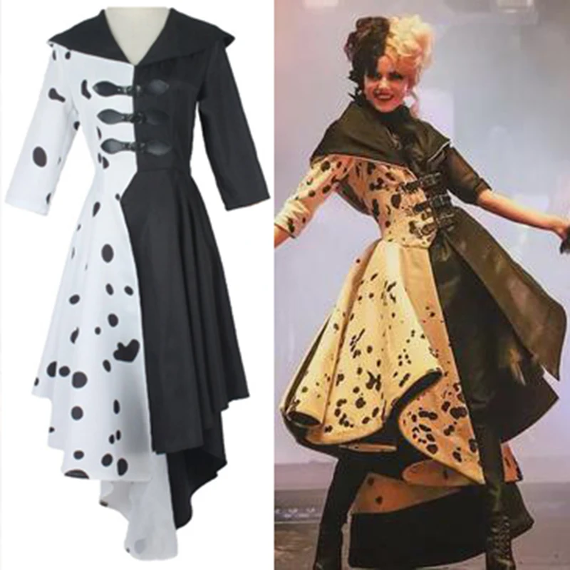 

Movie Cruella De Vil Costume Cosplay Dress Hoodie Shirt Cloak Women Black White Spotted Anime 101 Halloween Dalmatians Party