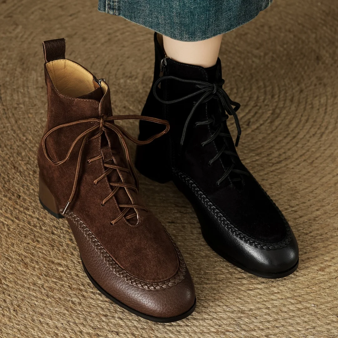 Women's genuine leather patchwork lace-up 3.5cm thick low heel autumn ankle boots casual female short motorcycle boots shoes hot