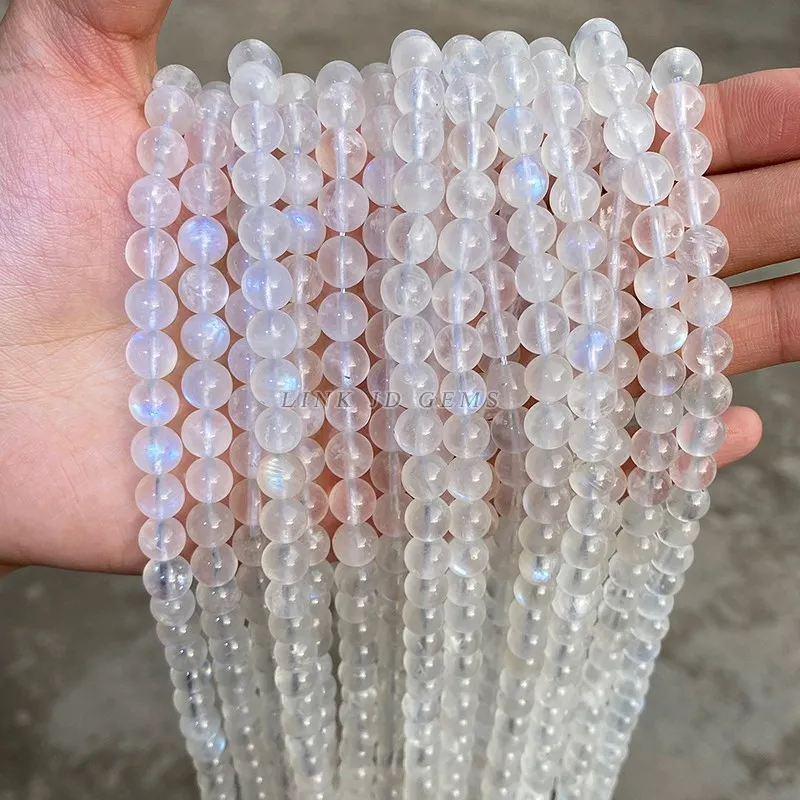 High Quality Natural Genuine Flash Blue Light Moonstone Smooth Round Loose Beads For DIY Bracelet Making Jewelry Accessory