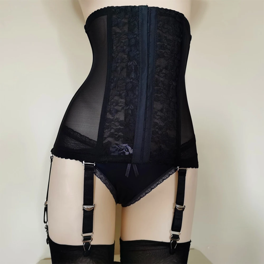 

6 Straps Clips Suspenders Girdle Waspie Waist Cincher Black Waist Shaper Womens Lace High Waist Shapewear Garter