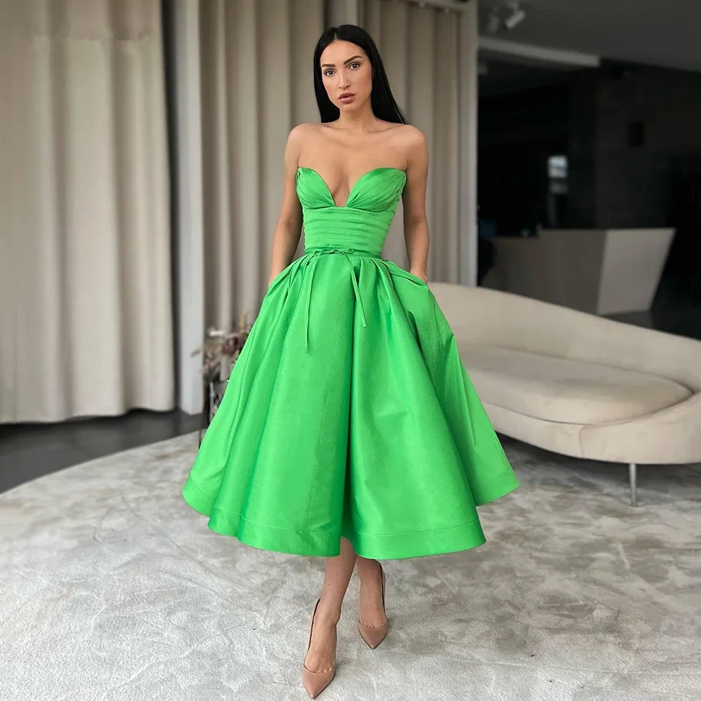 

Green Satin Midi Prom Dresses Sweetheart Tea-Length A-Line Prom Gowns with Pockets For Elegant Woman Formal Evening Party Dress