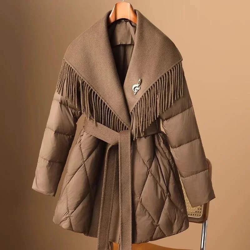 Fashion Woolen Patchwork Down Cotton Coat Winter Jacket Korean Version Lapel Waist Cinched Mid Length Elegant Cotton Overcoat