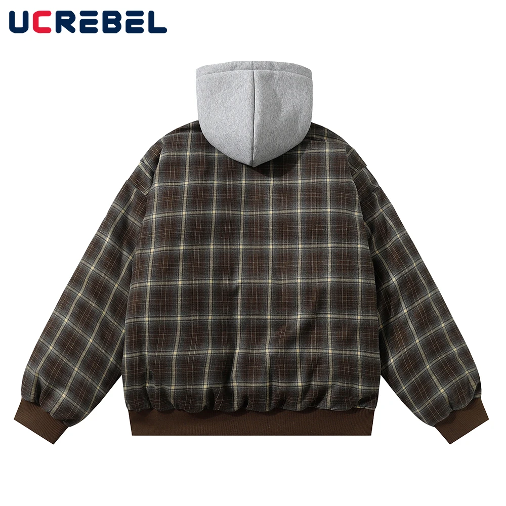 Plaid Spliced Padded Jacket Mens High Street Autumn Winter Warm Hooded Long Sleeve Thick Quilted Jacket Men