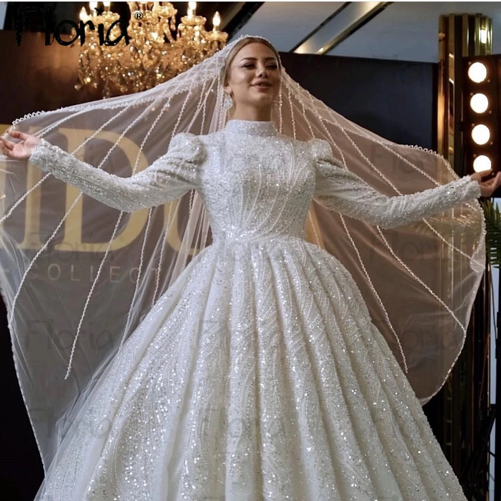 Gorgeous Beading Ball Gown Wedding Dress Customized White Long Sleeve High Neck Lace Up Cathedral Princess Bridal Gown