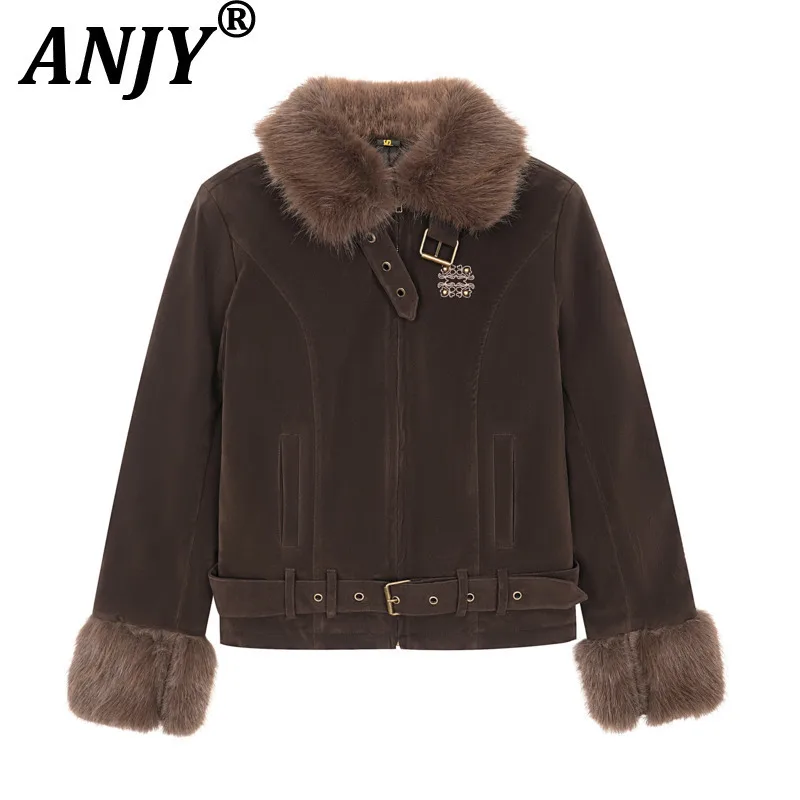 

ANJY осень-зима новая женская теплая куртка в американском стиле с вышивкой и заклепками и поясом с меховым воротником, модное стеганое пальто в стиле панк A15714