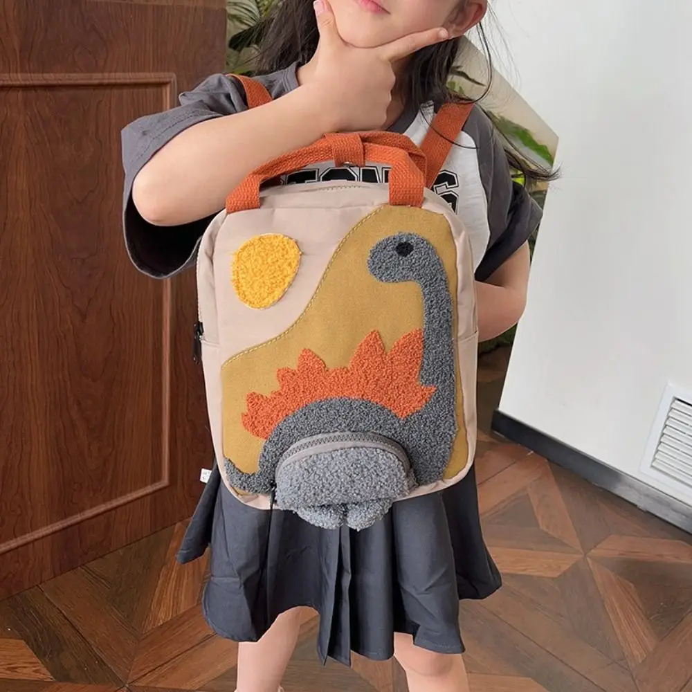 Mochila de lona bordada para niños, cuello largo, dinosaurio pequeño, jardín de infantes, gancho de dibujos animados, pelo lindo