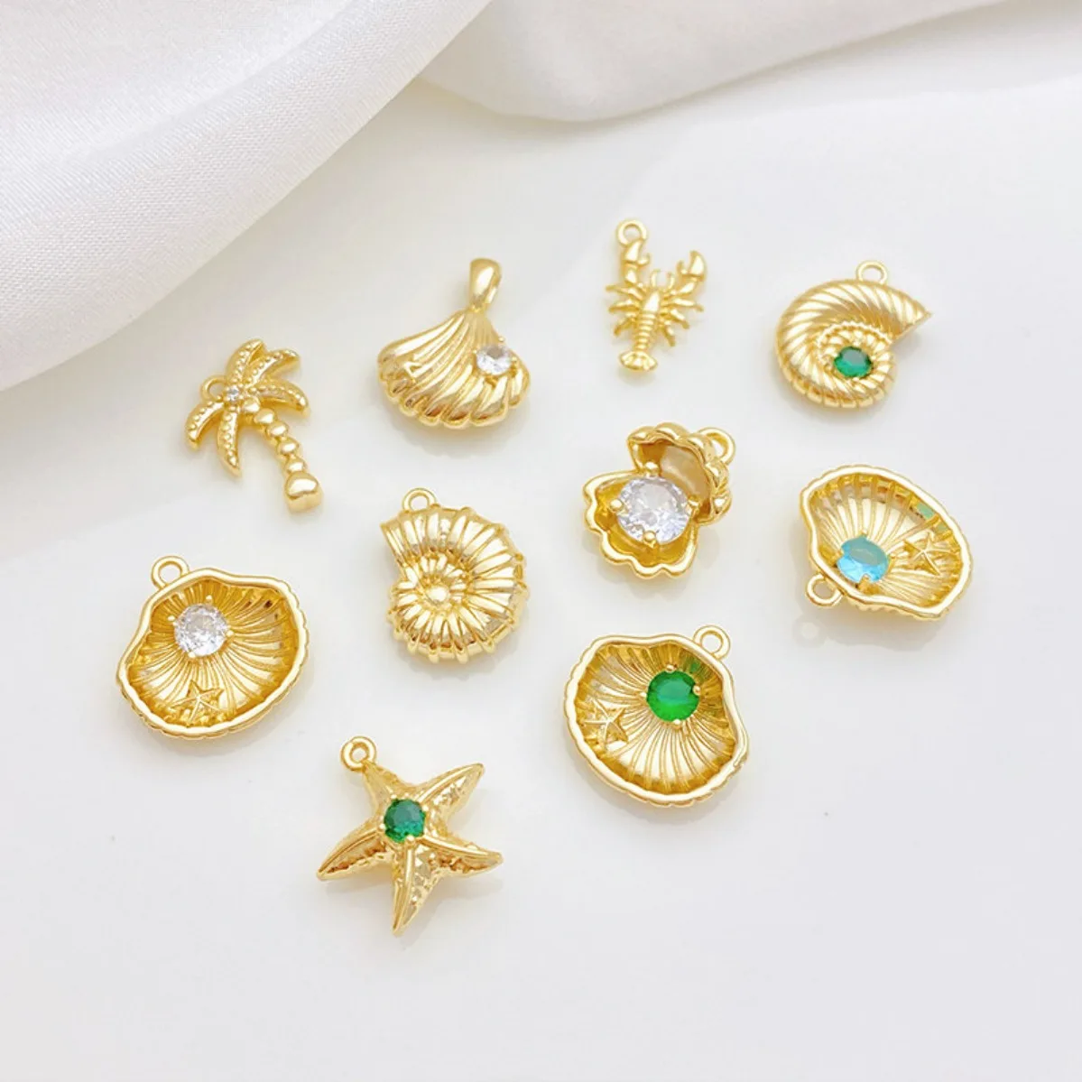 14K Gold Plated Inlaid Cubic Zirconia Ocean‑Style Starfish Conch Charm Pendant DIY Findings for Beaded Necklace Jewelry Making