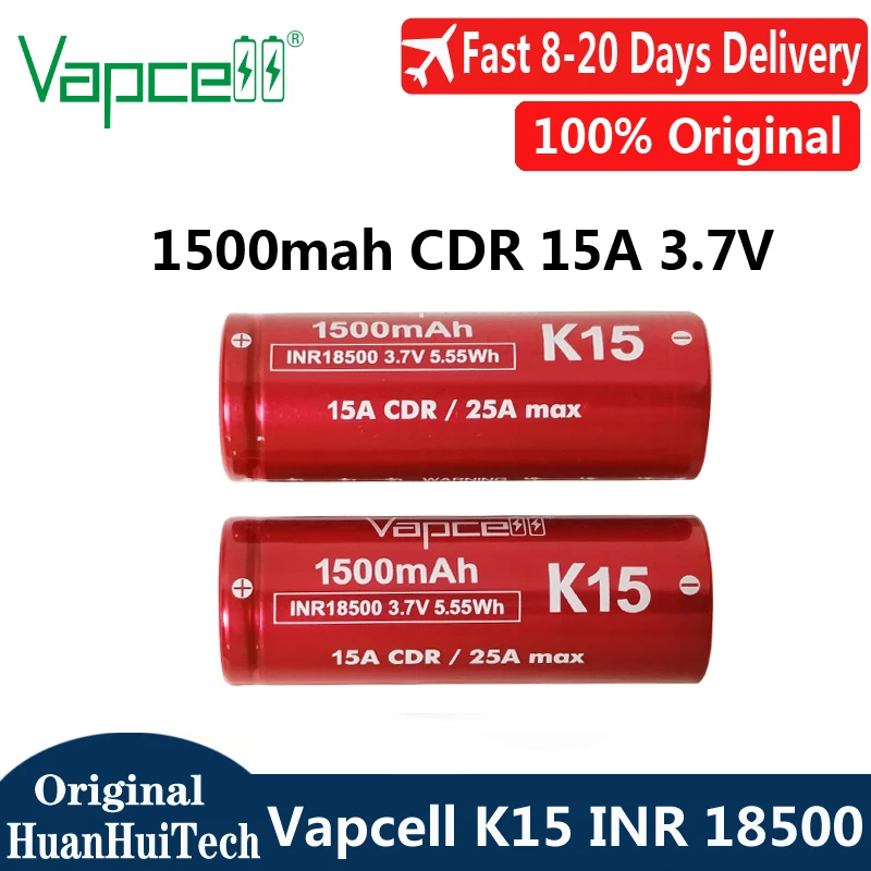 Оригинальные аккумуляторы Vapcell K15 INR 18500 1500 мАч CDR 15A Max 25A 3.7V, перезаряжаемые, мощнейшие литий-ионные батареи для фонариков.